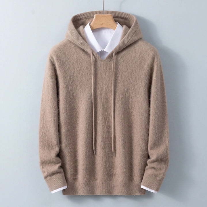 Leopold Fuzzy Cashmere V Neck Hooded Sweater - Brown
