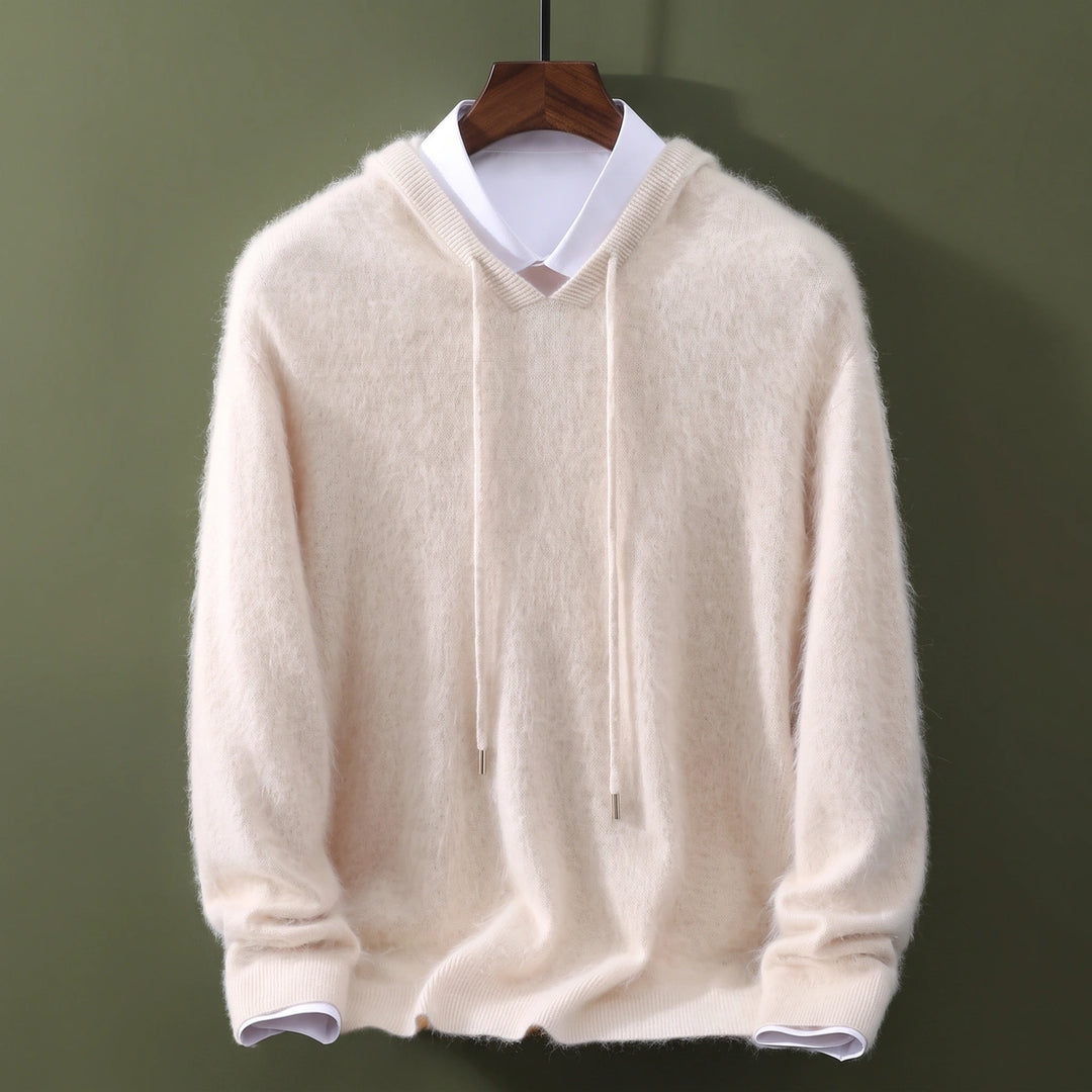 Leopold Fuzzy Cashmere V Neck Hooded Sweater - Cream