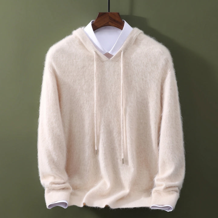 Leopold Fuzzy Cashmere V Neck Hooded Sweater - Cream