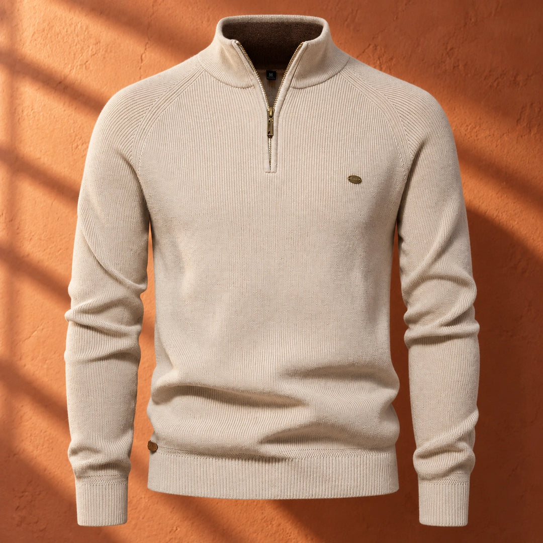 Leopoldo Contrast Collar Ribbed Quarter Zip Sweater - Beige
