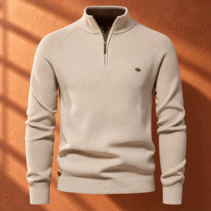 Leopoldo Contrast Collar Ribbed Quarter Zip Sweater - Beige