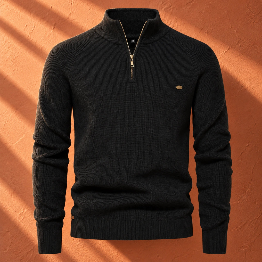 Leopoldo Contrast Collar Ribbed Quarter Zip Sweater - Black