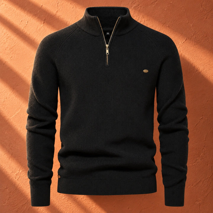Leopoldo Contrast Collar Ribbed Quarter Zip Sweater - Black