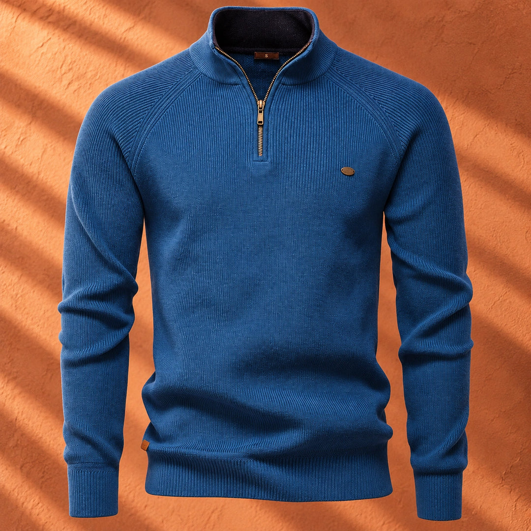Leopoldo Contrast Collar Ribbed Quarter Zip Sweater - Blue