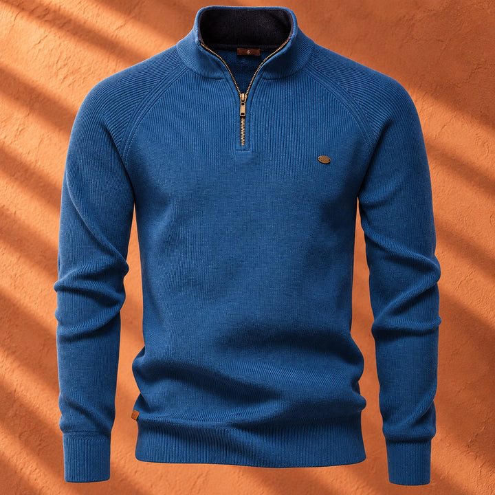 Leopoldo Contrast Collar Ribbed Quarter Zip Sweater - Blue