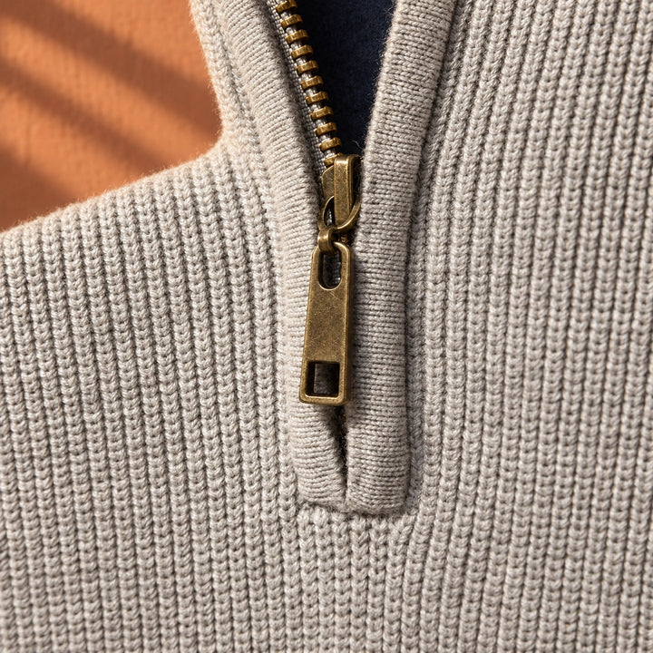 Leopoldo Contrast Collar Ribbed Quarter Zip Sweater - Gray