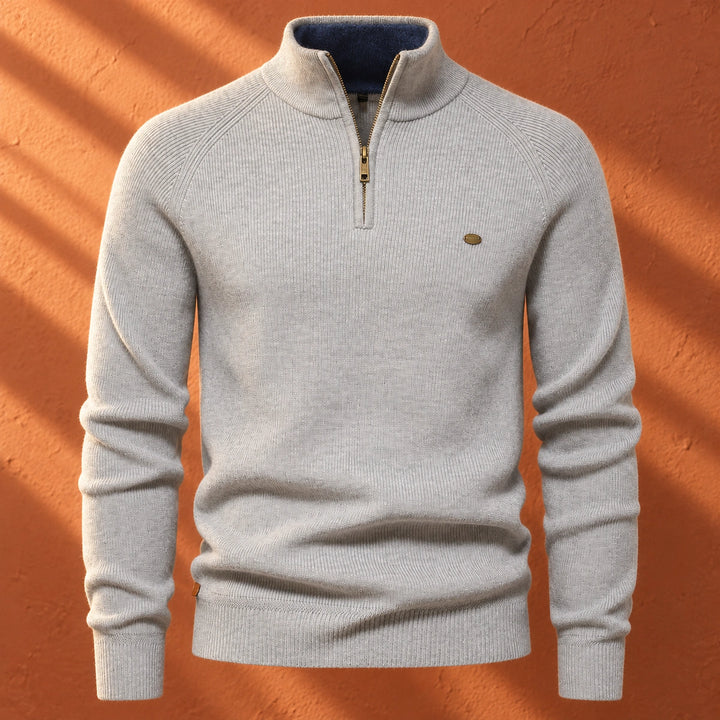 Leopoldo Contrast Collar Ribbed Quarter Zip Sweater - Gray
