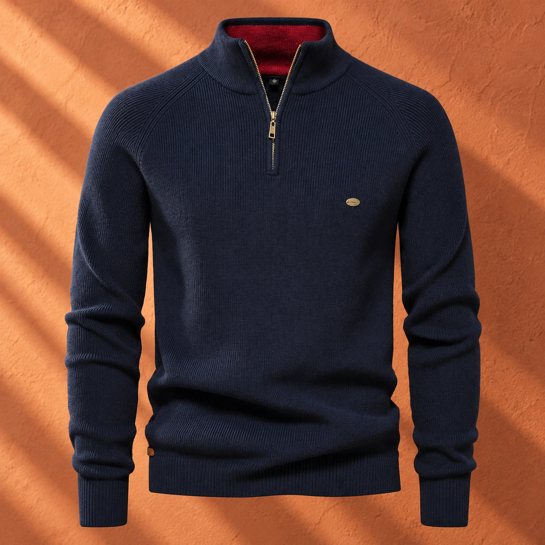 Leopoldo Contrast Collar Ribbed Quarter Zip Sweater - Navy Blue