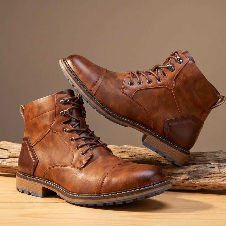 Lincoln Cap Toe Vegan Leather Lace Up Combat Boots - Chestnut Brown