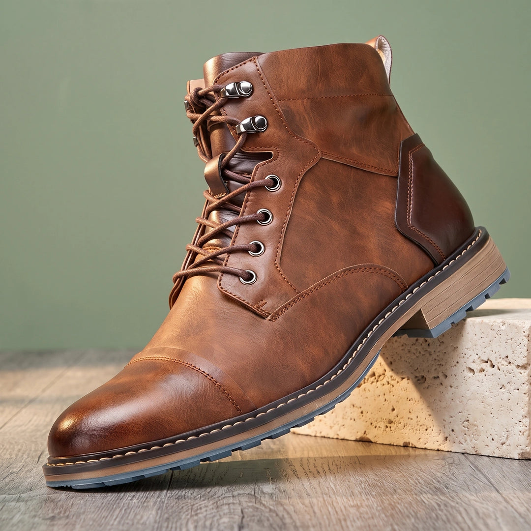 Lincoln Cap Toe Vegan Leather Lace Up Combat Boots - Chestnut Brown