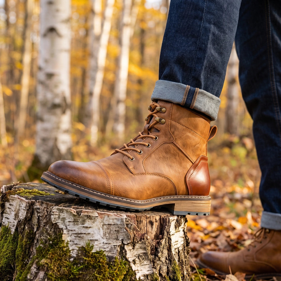 Lincoln Cap Toe Vegan Leather Lace Up Combat Boots - Oak Tan