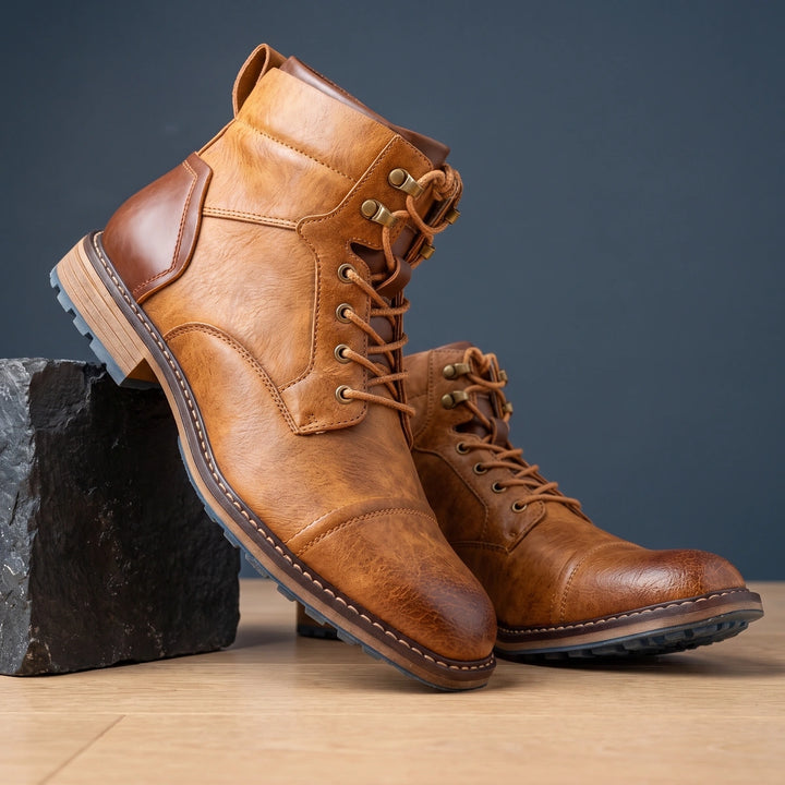 Lincoln Cap Toe Vegan Leather Lace Up Combat Boots - Oak Tan
