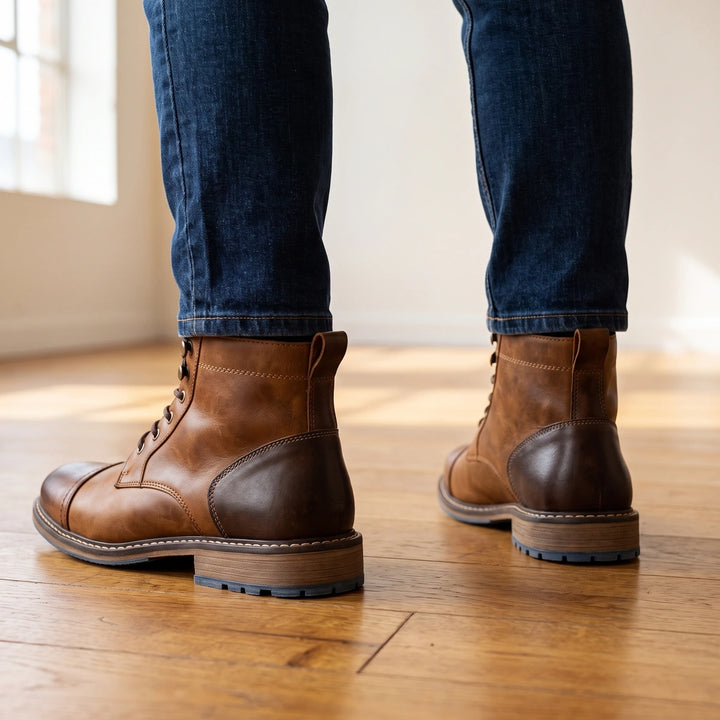 Lincoln Cap Toe Vegan Leather Lace Up Combat Boots - Saddle Brown