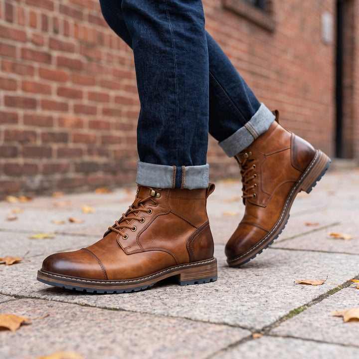 Lincoln Cap Toe Vegan Leather Lace Up Combat Boots - Saddle Brown