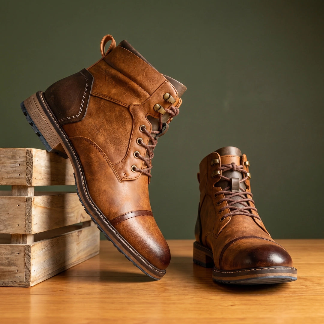 Lincoln Cap Toe Vegan Leather Lace Up Combat Boots - Saddle Brown