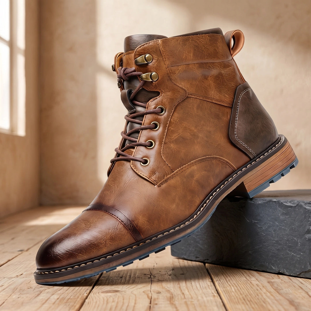 Lincoln Cap Toe Vegan Leather Lace Up Combat Boots - Saddle Brown