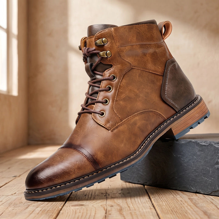 Lincoln Cap Toe Vegan Leather Lace Up Combat Boots - Saddle Brown