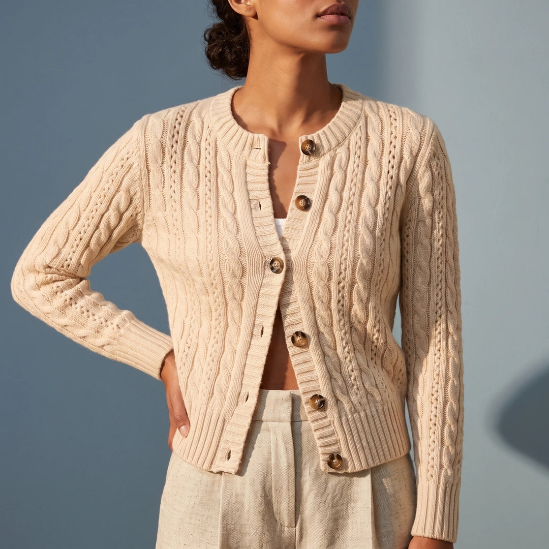 Lisbeth Cropped Cable Knit Button Cardigan - Beige