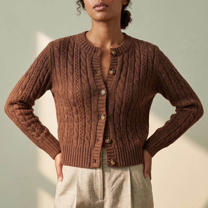 Lisbeth Cropped Cable Knit Button Cardigan - Brown