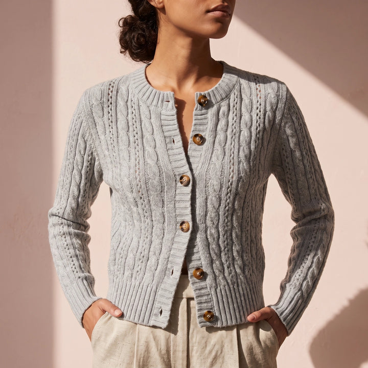 Lisbeth Cropped Cable Knit Button Cardigan - Gray