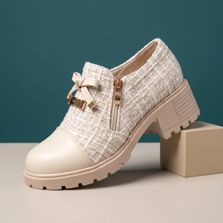 Livia Tweed Bow Lug Sole Ankle Booties - Beige