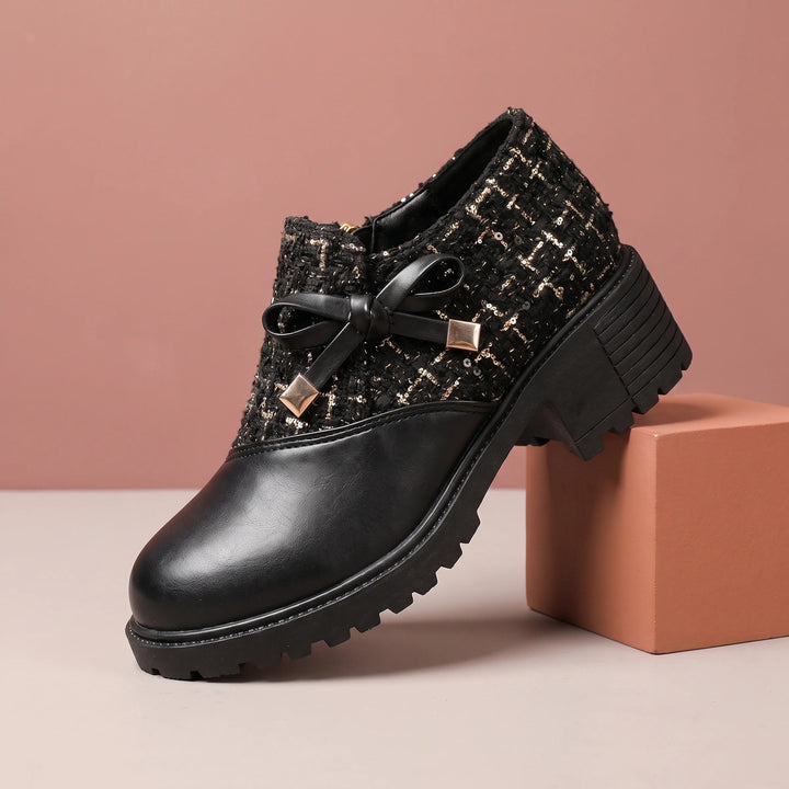 Livia Tweed Bow Lug Sole Ankle Booties - Black