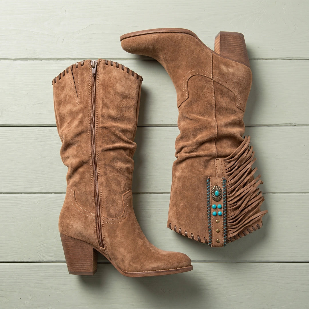Lola Fringed Vegan Suede Slouchy Western Boots - Brown