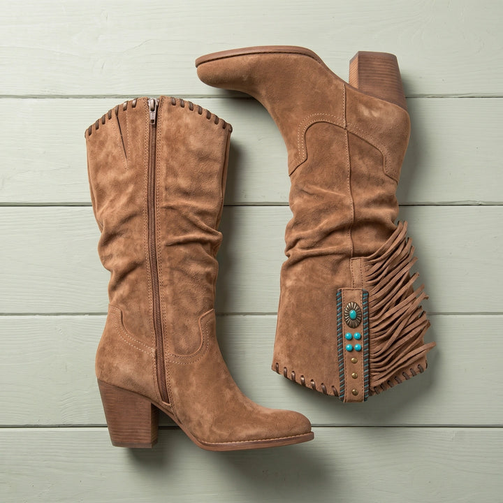 Lola Fringed Vegan Suede Slouchy Western Boots - Brown