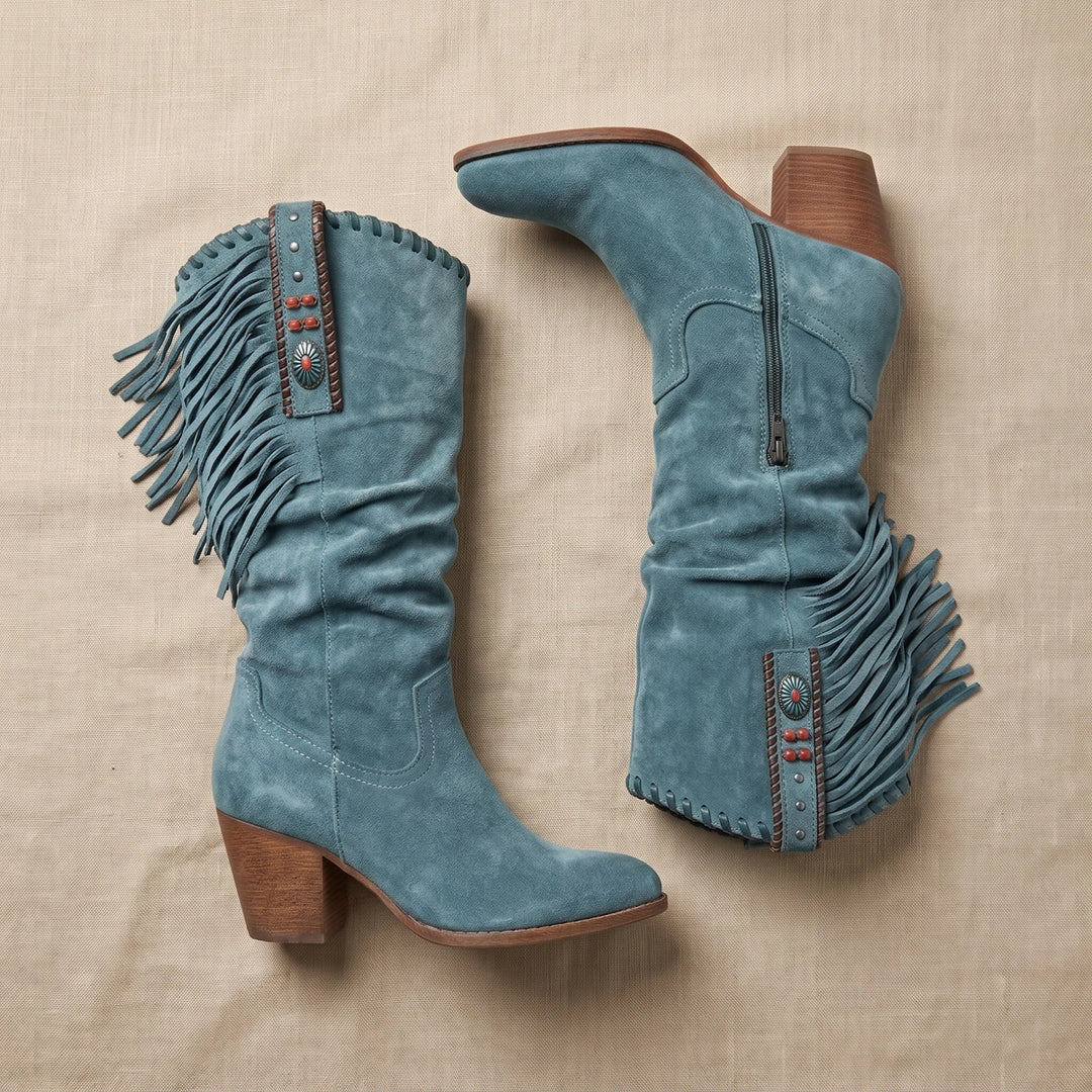 Lola Fringed Vegan Suede Slouchy Western Boots - Green