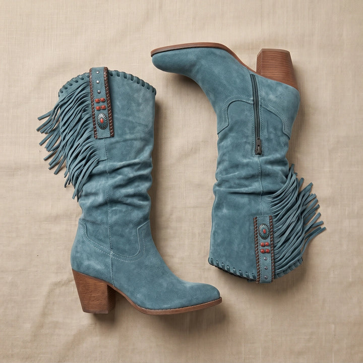 Lola Fringed Vegan Suede Slouchy Western Boots - Green