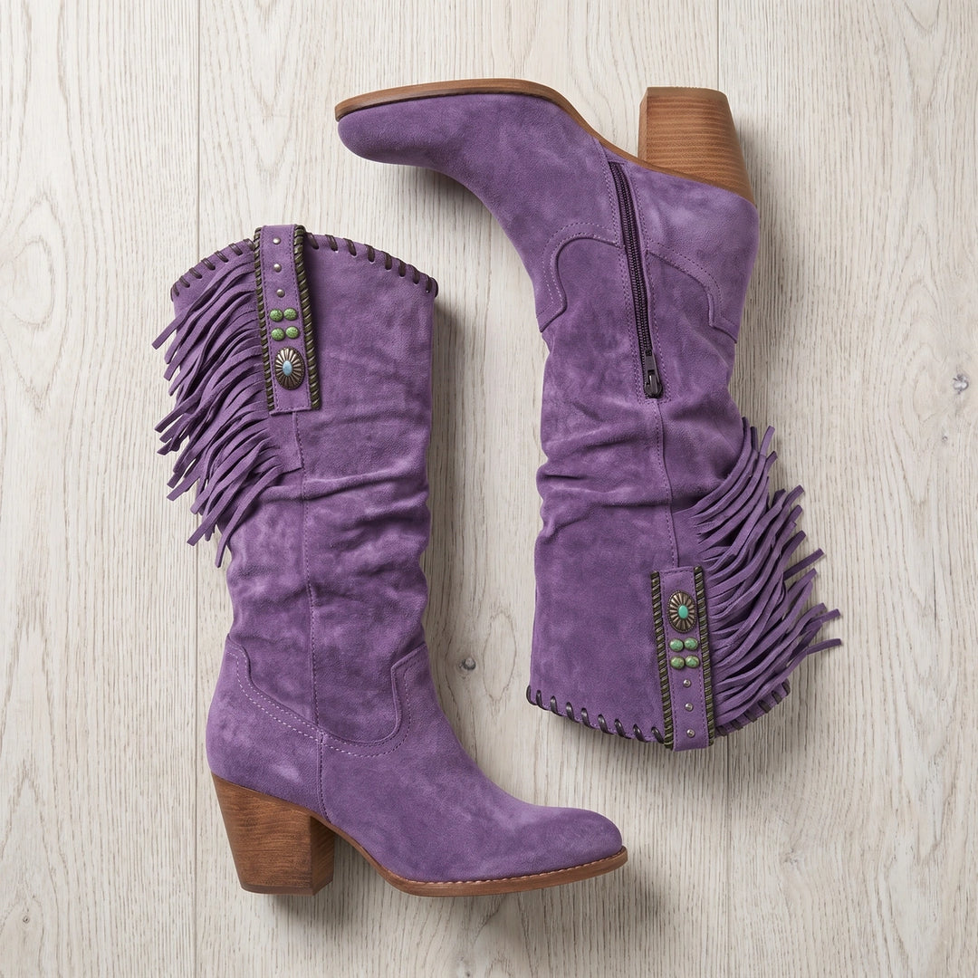 Lola Fringed Vegan Suede Slouchy Western Boots - Purple