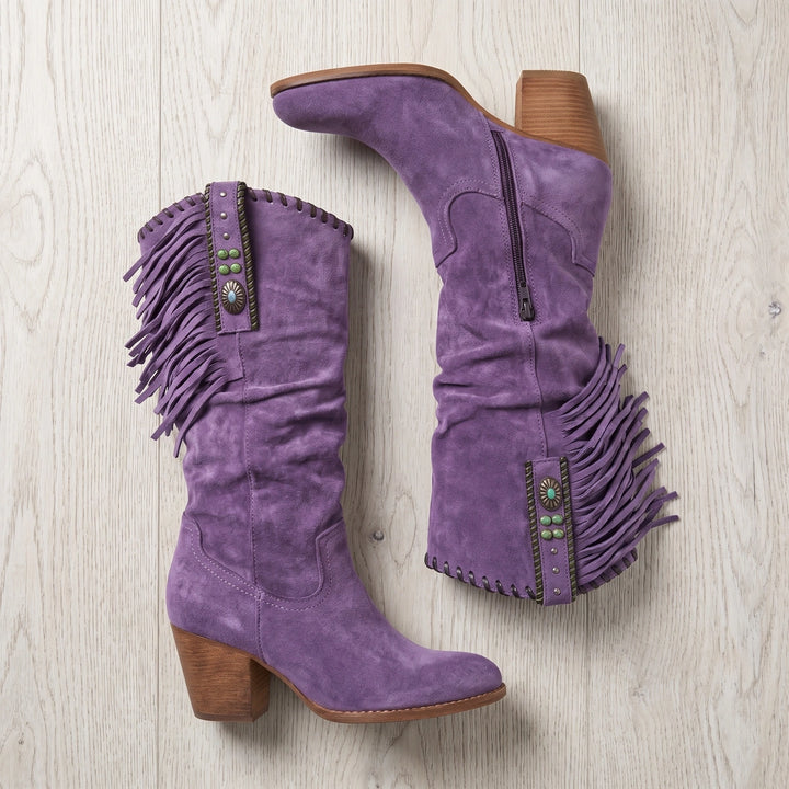 Lola Fringed Vegan Suede Slouchy Western Boots - Purple