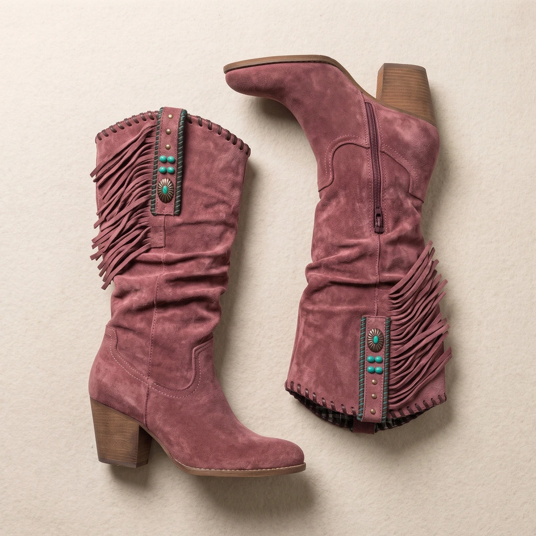 Lola Fringed Vegan Suede Slouchy Western Boots - Red