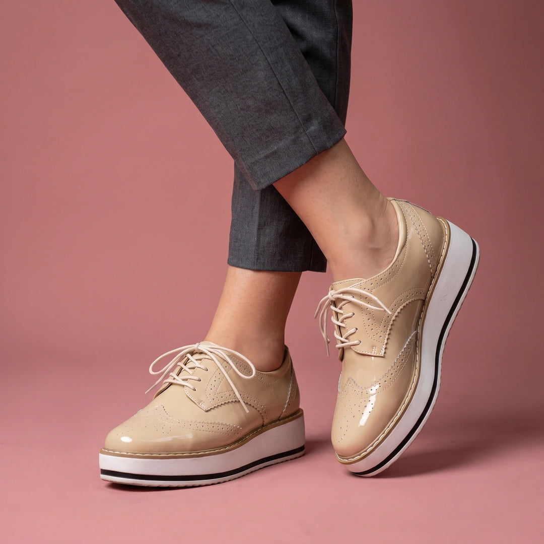Lorraine Vegan Patent Wingtip Platform Oxfords - Beige