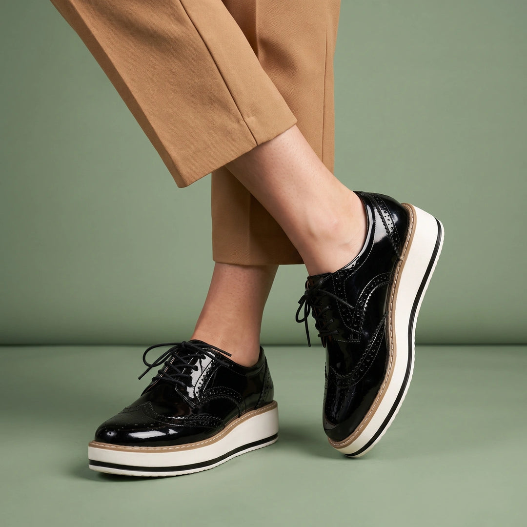 Lorraine Vegan Patent Wingtip Platform Oxfords - Black