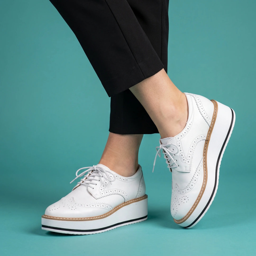 Lorraine Vegan Patent Wingtip Platform Oxfords - White