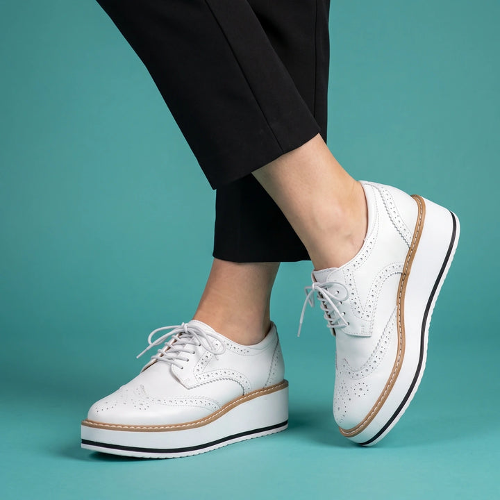 Lorraine Vegan Patent Wingtip Platform Oxfords - White