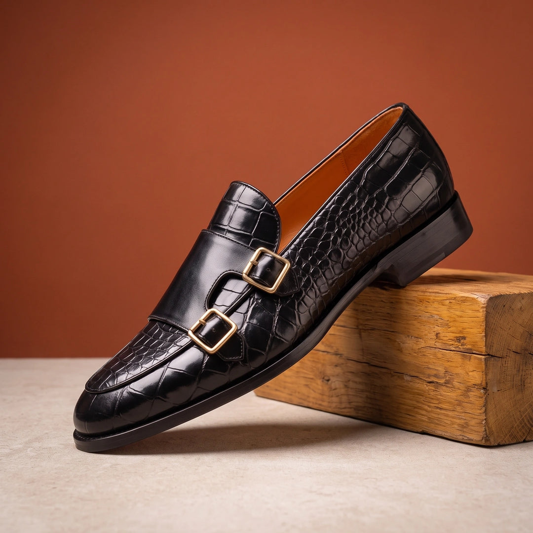 Luca Croc Embossed Double Monk Strap Loafers - Black