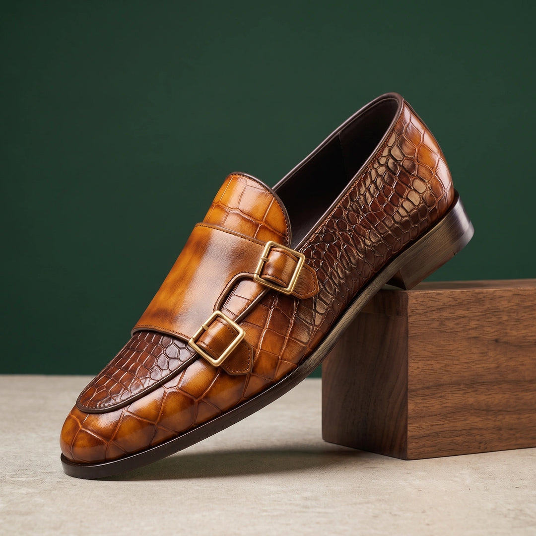 Luca Croc Embossed Double Monk Strap Loafers - Brown