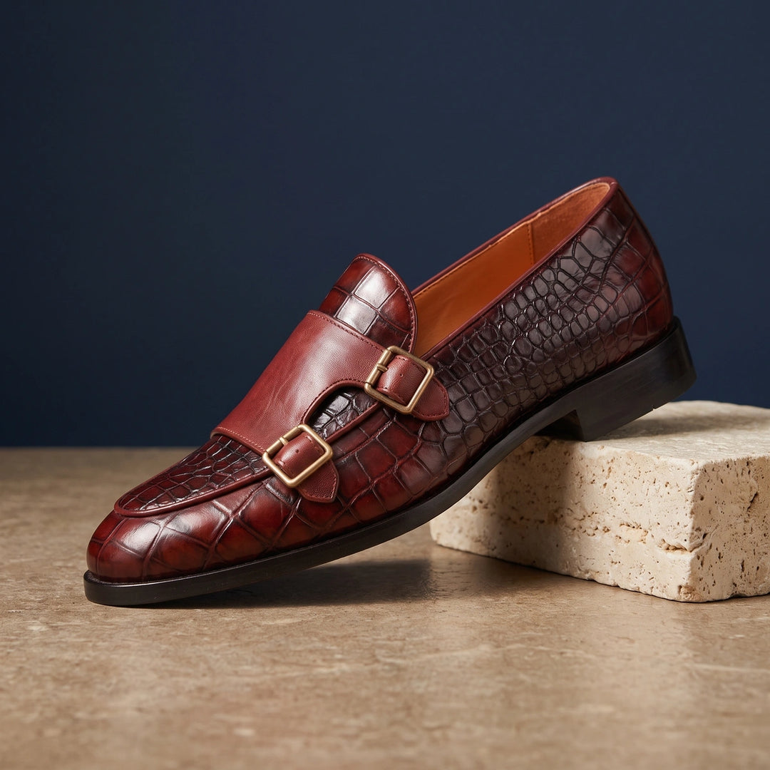 Luca Croc Embossed Double Monk Strap Loafers - Wine Red