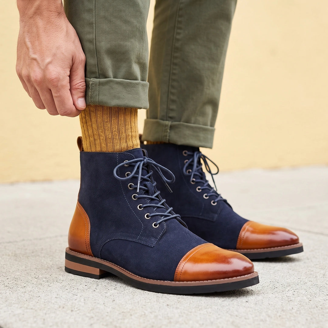 Lucien Cap Toe Lace Up Dress Boots - Navy