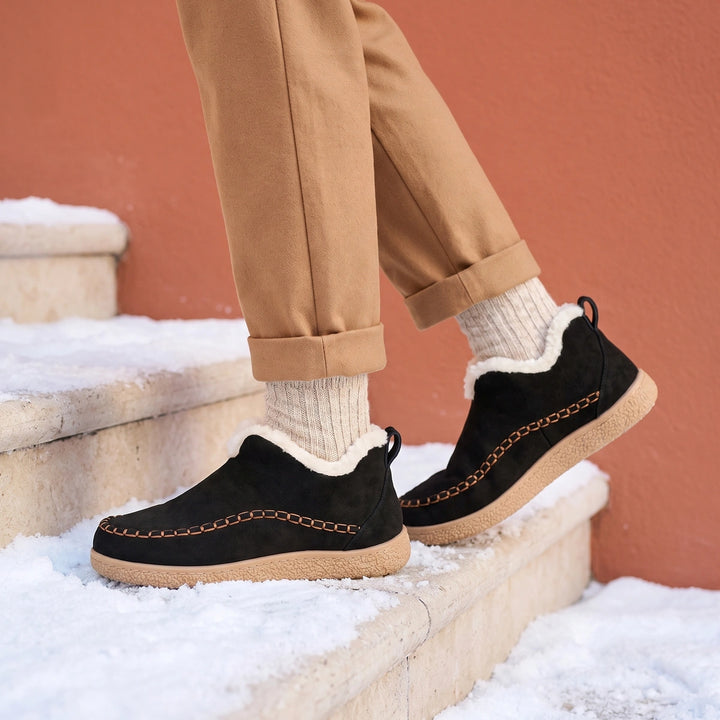 Maddalena Suede Faux Fur Lined Moccasin Ankle Boots - Black