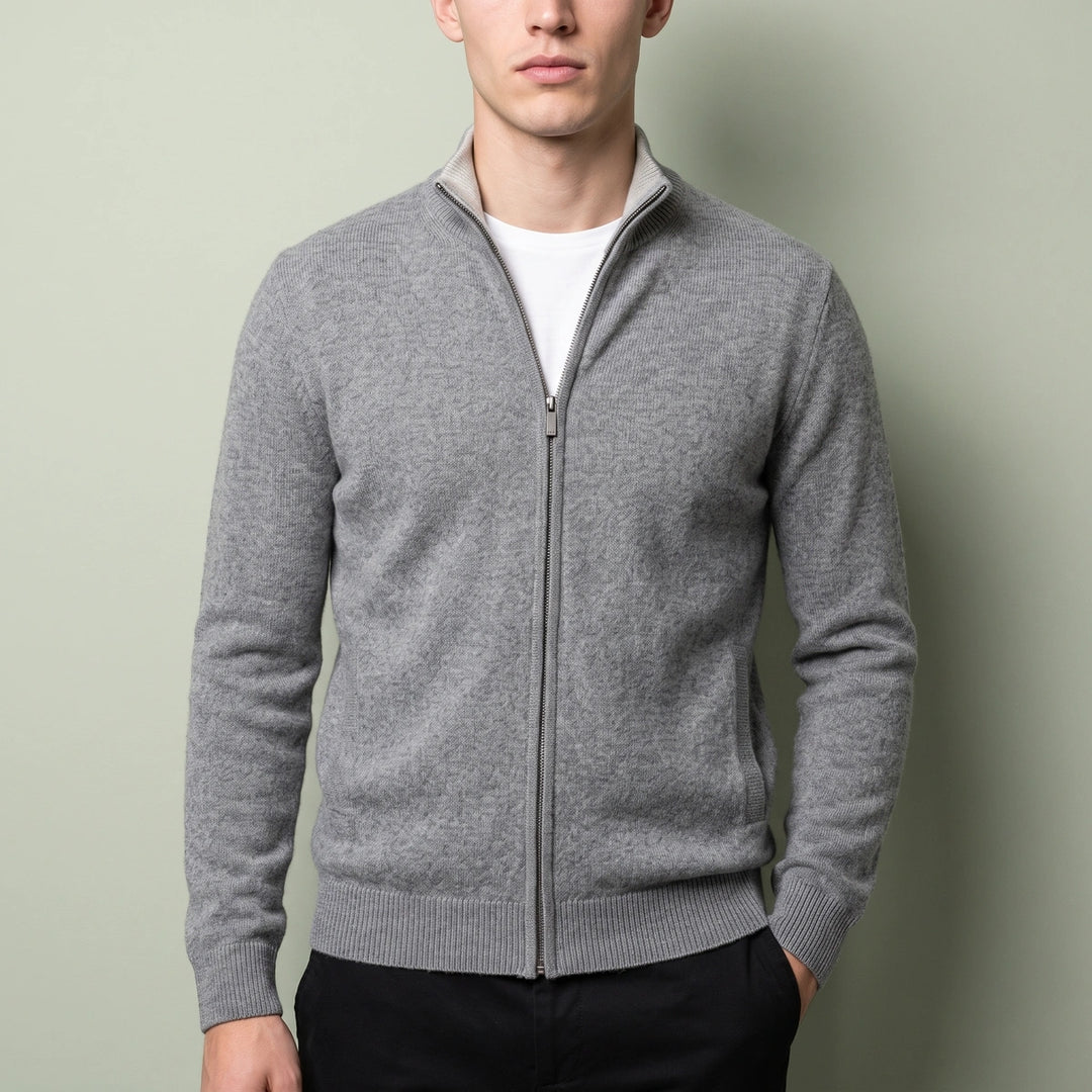 Marcel Cashmere Stand Collar Tipped Zip Cardigan - Gray