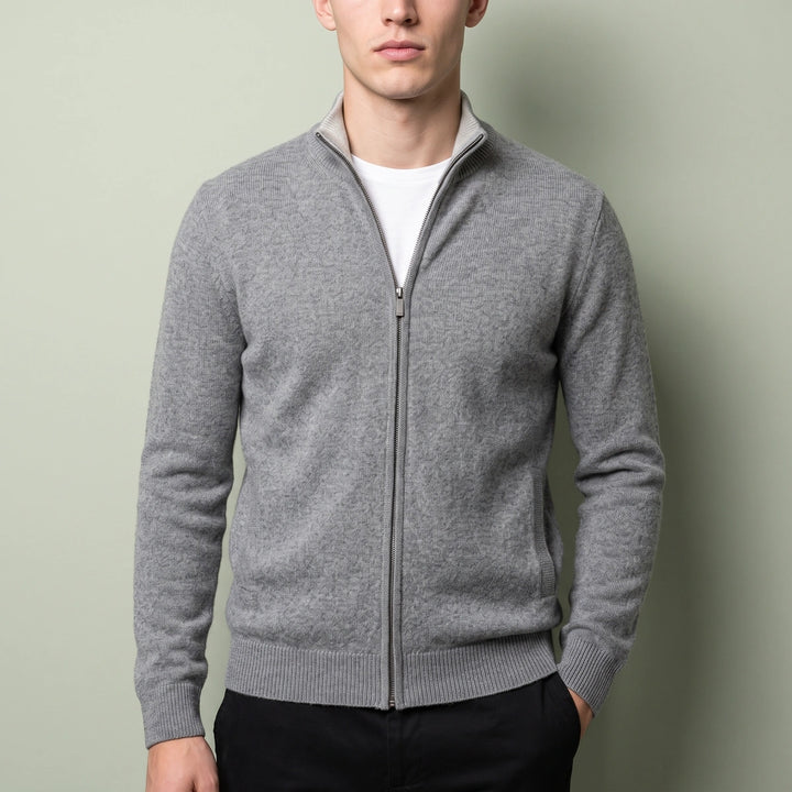 Marcel Cashmere Stand Collar Tipped Zip Cardigan - Gray