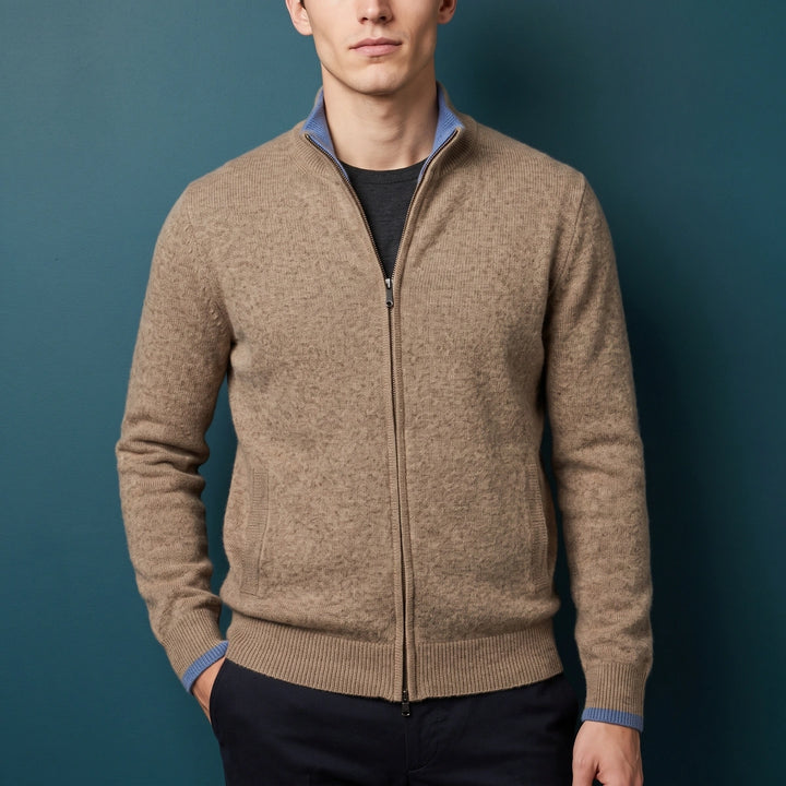 Marcel Cashmere Stand Collar Tipped Zip Cardigan - Khaki