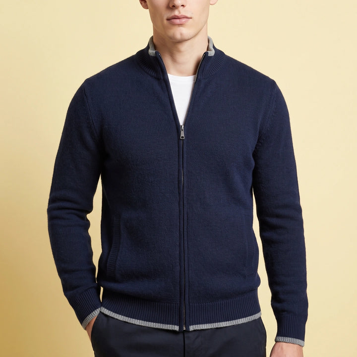 Marcel Cashmere Stand Collar Tipped Zip Cardigan - Navy Blue