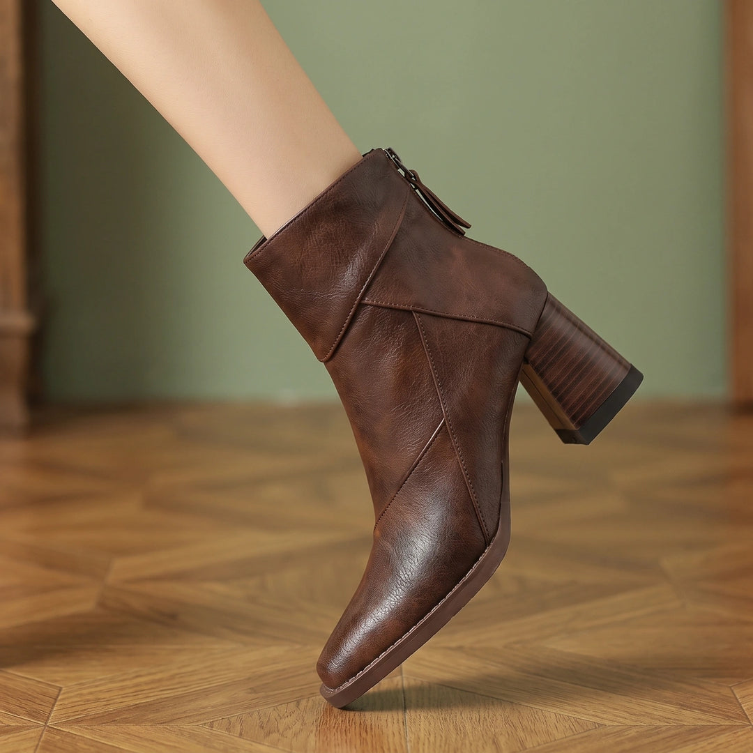 Marcia Patchwork Vegan Leather Block Heel Ankle Boots - Espresso