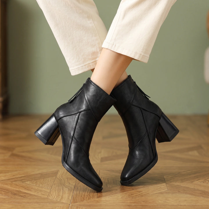 Marcia Patchwork Vegan Leather Block Heel Ankle Boots - Midnight