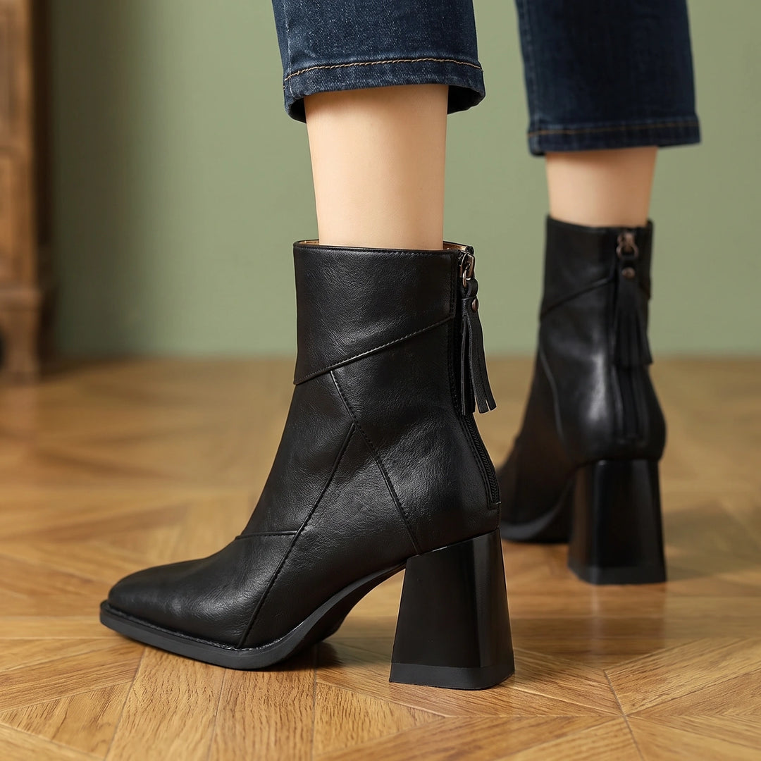 Marcia Patchwork Vegan Leather Block Heel Ankle Boots - Midnight