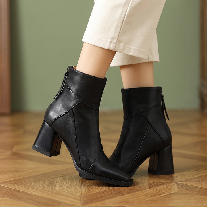Marcia Patchwork Vegan Leather Block Heel Ankle Boots - Midnight